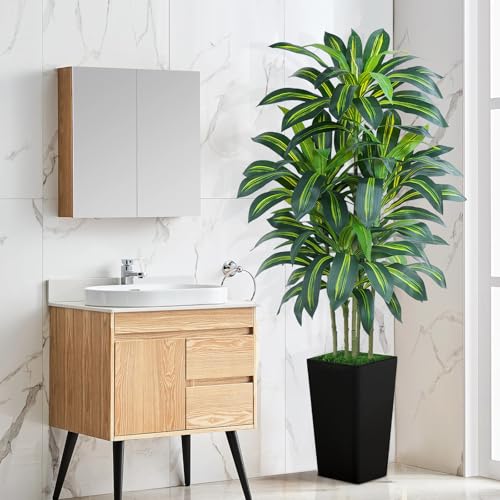 Image of 6FT Artificial Dracaena Tree - High-Density Foliage Fake Plant with Black Tall Planter - Faux Yucca Floor Plant for Home Office Decor Indoor