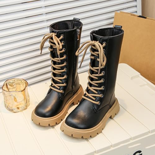 Knee High Boots for Girls Side Zipper Lace-up Long Boots Fall Winter Fashion Outdoor Black Combat Shoes2