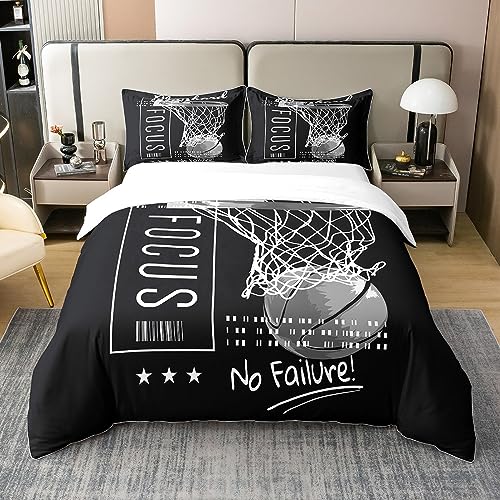 Homewish Coton, Housse de Couette 240x260 Basketball 2 Personnes pour Garçons, Ensemble de Literie Jeux Noirs, Parure de Lit But de Hoop avec Motivated No...
