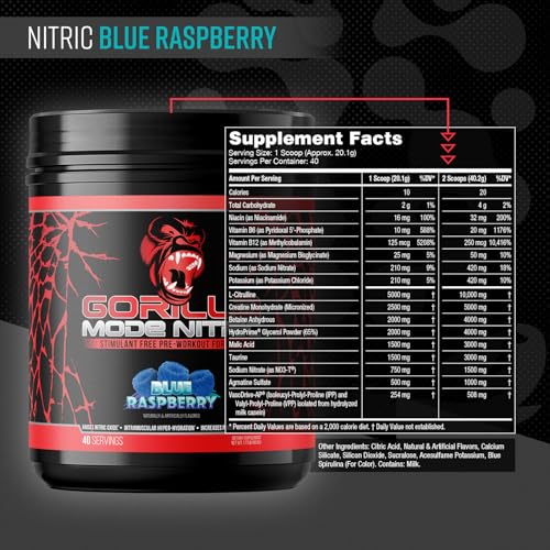 Image of Gorilla Mode Nitric Upgraded Stimulant Free Pre-Workout - Best Tasting and Most Effective Stimulant Free Pre-Workout /Massive Pumps . Vasodilation . Power / 804 Grams (Blue Raspberry)