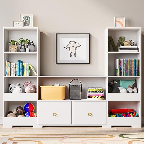 Image of Cozy Castle 4 Tier Book Shelf, 9 Cube Storage Organizer Bookshelf with Drawers, Toy Storage Organizer, Horizontal Bookcase for Living Room, Playroom, White