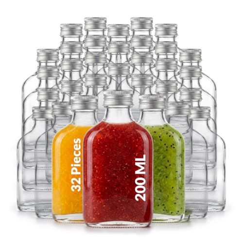 casavetro 200ml Glass Flask Bottles with Screw Tops 32 Pcs Reusable Twist-Off Lids Airtight Glass Bottle for Home Made Sloe Gin Liqueur Schnapps Wine Cider Soda Vodka Cider - Tasche (32 x 200 ml)
