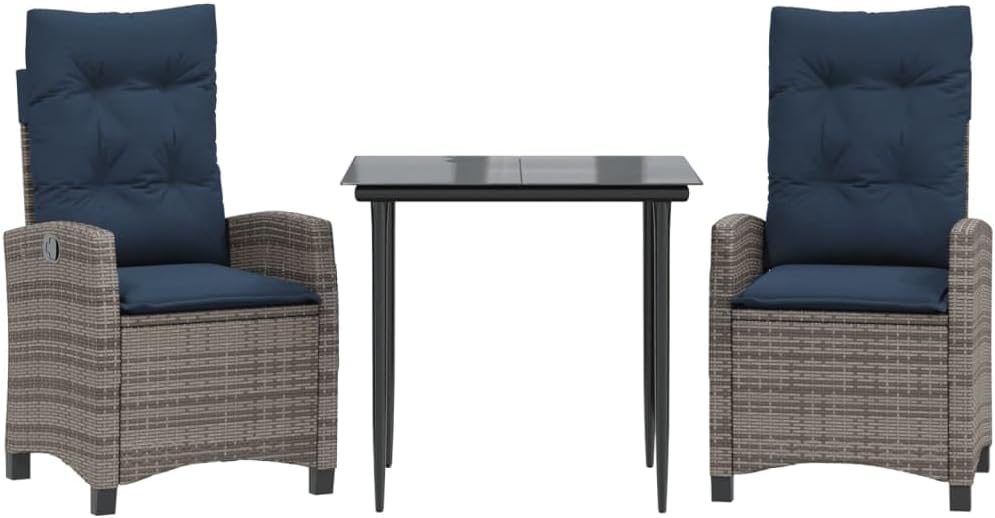 vidaXL 3-Piece Patio Dining Set - Gray Poly Rattan with Navy Cushions and Glass Top - Adjustable Backrest - for Outdoor/Garden