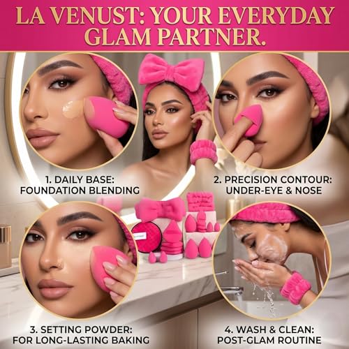 Image of 20pc Essential Makeup Sponge Kit Set - Soft-Touch Makeup Sponges for Cream & Liquid - Aesthetic Bow Spa Set & Wristbands - Under-Eye Precision Puffs & Blender Cleaner - Complete Beauty Organizer Kit for Girls & Women (Cyber Pink Edition)