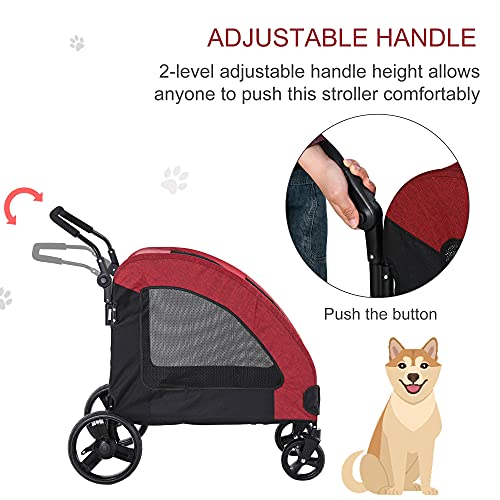 PawHut Pet Stroller Universal Wheel with Storage Basket Ventilated Foldable Oxford Fabric for Medium Size Dogs, Red - Image 5
