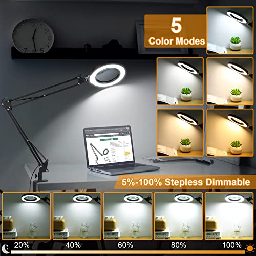 5X Large Magnifying Glass With Light And Stand, Krstlv 2 X 16 Inch Swivel Arm Led Desk Lamp With Clamp, 5 Color Modes Stepless Dimmable Lighted Magnifier Hands Free For Close Work, Craft, Hobby, Black #TOP5
