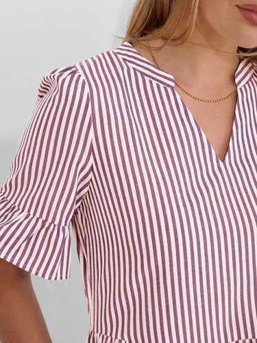 Image of Caracilia Dresses for Women Summer 2026 Striped V Neck Ruffle Sleeve A Line Tiered Flowy Casual Mini Beach Dress with Pockets