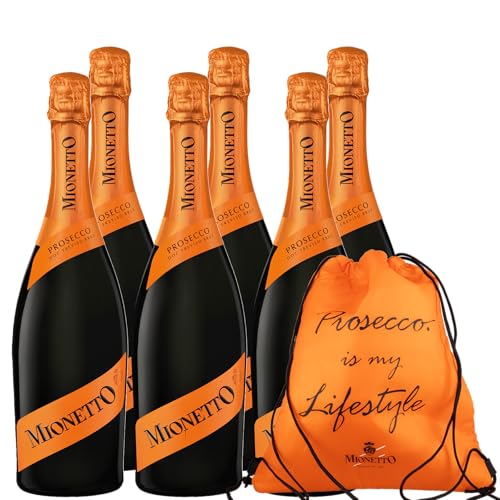 MIONETTO Prosecco Spumante DOC Treviso Brut (6x0,75l) Schaumwein, Perlwein aus Italien, trocken, fruchtig und frisch - Ideal als Aperitif und zu Antipasti inkl. GRATIS Coolingbag