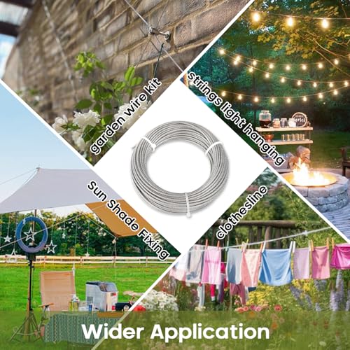 TooTaci 1/8" Sun Shade Sails Cable Wire Rope, 50ft Vinyl Coated Steel Cable, 1/8 Wire Rope for Triangle/Rectangle Sun Shade Sail Hardware, with Crimping Loops & Thimbles for Outdoor Garden Patio - Thumbnail 6