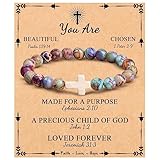 JoycuFF Cross Bracelet Christian Gifts for Women Girls Religious Easter Catholic Christian Faith Jewelry, Meaningful Communion Baptism Colorful Imperial Jasper Bracelets for Teen