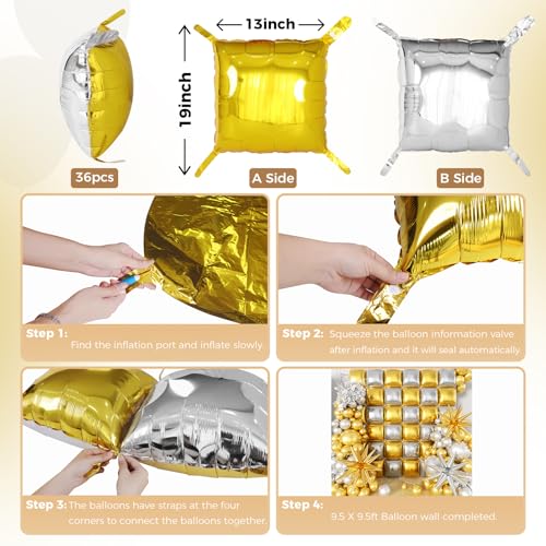 Image of 36pcs Gold and Silver Square Foil Balloons Wall Backdrop with 147pcs Balloon Garland Arch Kit, Double Sided Balloons for Birthday Bridal Shower Anniversary New Year Graduation Party Decorations