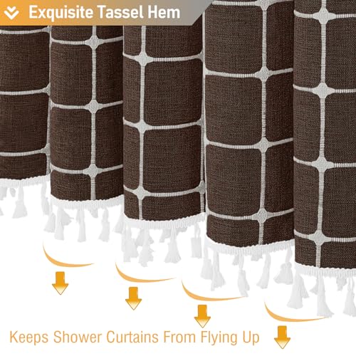 Image of BTTN Boho Farmhouse Shower Curtain - Linen Rustic Heavy Duty Fabric Shower Curtain Set with Tassel, Water Repellent, Bohemian Vintage Country Thick Cloth Shower Curtains for Bathroom - Brown - 72x72