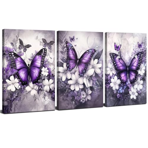 Purple Butterfly Wall Art Bathroom Decor Abstract White Flowers Pictures Purple Bedroom Decor Butterfly Canvas Prints Paintings Wildflower Landscape Artwork for Living Room Home Decoration 12x16' 3Pcs