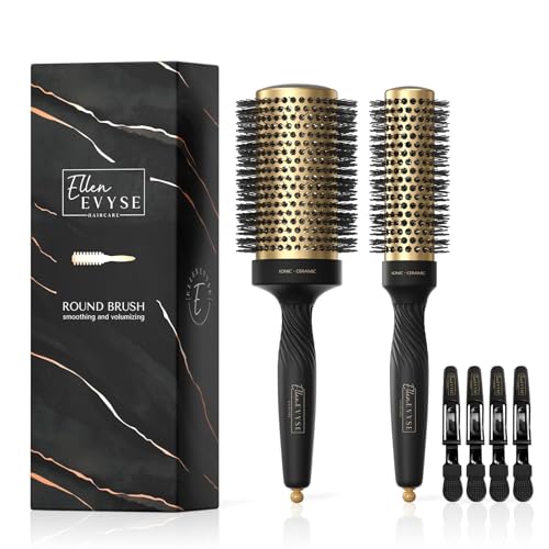 Ellen Evyse 2 in 1 Ceramic Round Brush for Blow Drying,Ceramic Barrel for Hair Styling, Polished Bristles, Enhance Texture Volume, for Women & Men,with 4 Hair Clips (2.1 Inch&1.3 Inch)