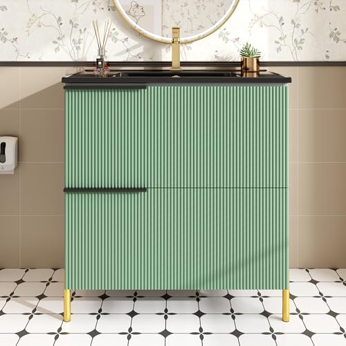 Merax Meuble de salle de bain avec lavabo, Colonne de salle de bains avec lavabo, meuble sous lavabo avec 2 tiroirs, Colonne de salle de bains, Vert,...