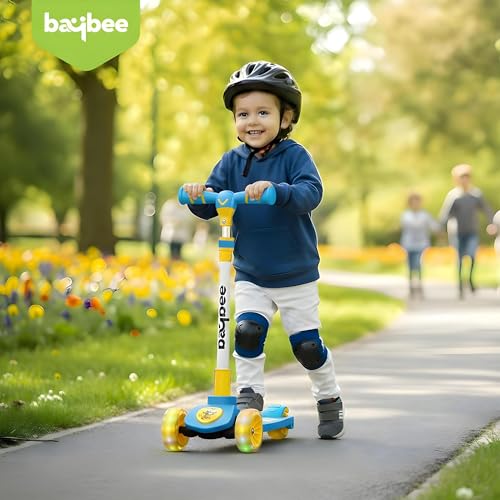 Image of Baybee Kitty Kick Scooter for Kids | Foldable 3 Wheel Kid Scooter with 4 Height Adjustable Handle & Brake | Skate Scooters with LED PU Wheels | Runner Scooters for Kids 3 to 10 Years Boys Girls (Blue)