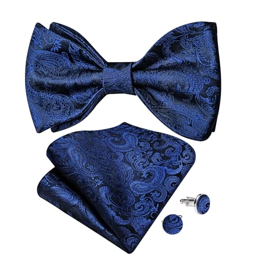 Image of DiBanGu Men Bow Tie Paisley Striped Self-Bow Tie for Men and Silk Woven Bowtie Pocket Square Cufflinks Wedding Party