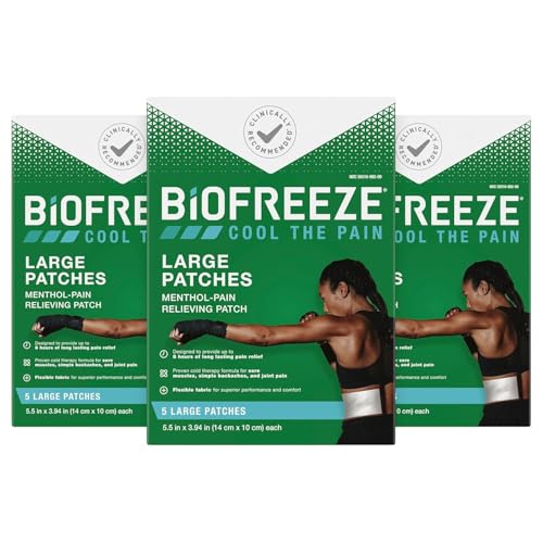 Biofreeze Patches Menthol Pain Relieving Patches (5 Per Box, Pack Of 3) Up To 8 Hours Of Pain Relief From Sore Muscles, Arthritis, Backaches, Spains, Bruises, Strains And Joint Pain (Package May Vary)