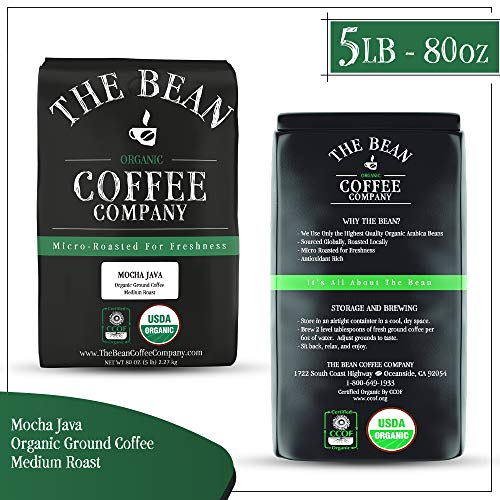 The Bean Coffee Company Organic Mocha Java, Medium Roast, Ground, 5-Pound Bag #TOP1