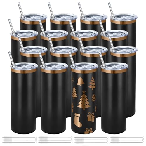 16 Pack Rose Gold Plated Stainless Steel Tumbler Straight Double Wall Powder Coated for Laser Engrave, 20oz Black to Bronze