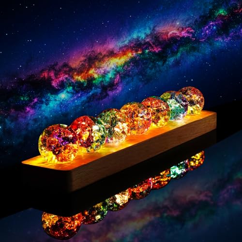 Set of 7 Crystal Balls Night Light Decor Healing Spheres with LED Wooden Stand for Meditation Energy Balancing Home Office Decoration for Women/Mom