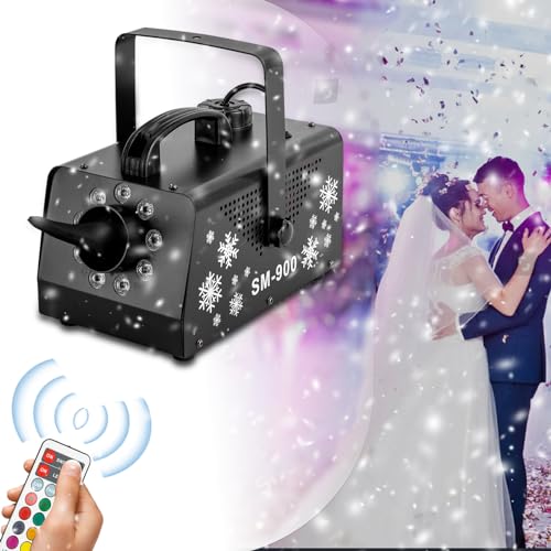 Máquina de nieve de 900 W con 12 luces LED RGB y 3 modos de iluminación, máquina de copos de nieve blancos con mandos a distancia para Halloween, Navidad, bodas, fiestas