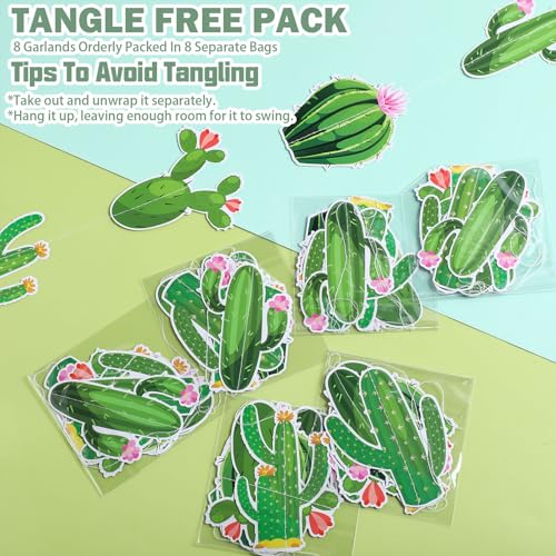 Image of Spakon 8 Pcs Cactus Garlands Decoration Fiesta Party Banner Mexican Taco Green Hanging Paper Garlands Tropical Plant Cutouts for Birthday Baby Shower Luau Hawaiian Carnivals Festivals Party Decor