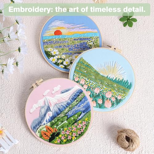 Image of RidaaFri Embroidery Kit for Beginner, Set of 3 Floral Mount Sunshine Pattern DIY Kits for Adults & Starter, Hand Embroidery Practice Set with Step-by-Step Video Tutorial, Includes Hoop, Needles, Floss