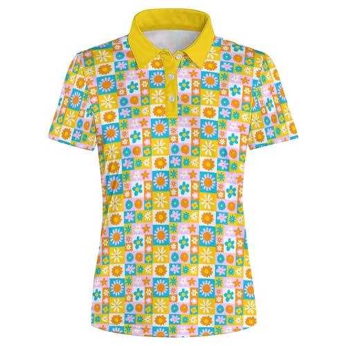 Women's Retro Flowers Golf Shirt 70s Moisture Wicking Golf Polo Shirts Short Sleeve Dry Fit Tennis Shirts 2XL