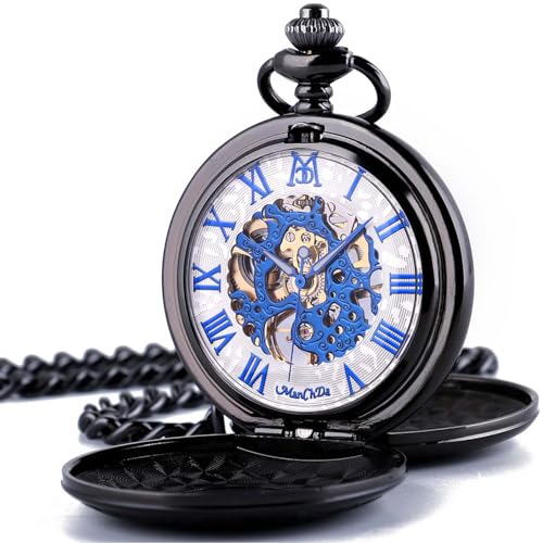 Image of ManChDa Mechanical Roman Numerals Dial Skeleton Pocket Watches with Luxury Wooden Box and Chains for Mens Women