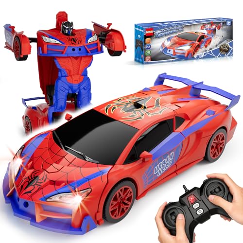 Qumcou Spider Toys for Boys 4-6, Remote Control Car, One-Button Transform Superhero Toys, 2.4Ghz RC Cars, 360° Spin,1:16 Scale, Shinning Red and Blue Light, Super Hero Toy Cars for Boys 3-8