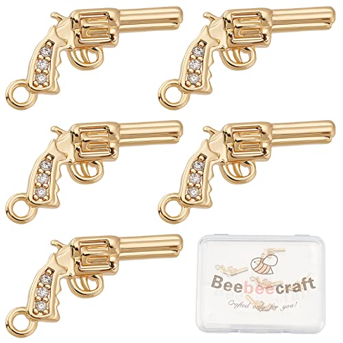 Beebeecraft 8 pcs/Boîte Gun Charm 18K Plaqué Or Revolver Pistolet Arme Dangle Pendentifs Artisanat Fournitures avec Cubic Zirconia pour DIY Bracelet Bijoux...