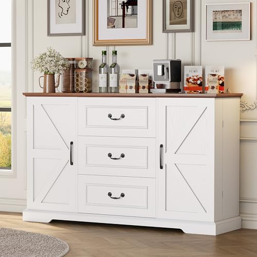 IRONCK Modern Farmhouse Buffet Cabinet, 55", White, 3 Drawer & Adjustable Shelves