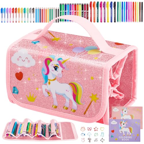 KINSPORY Cadeaux licorne pour filles, mallette dessin enfant, kit de coloriage, trousse licorne avec stylos pailletés parfumés, crayons de couleur...