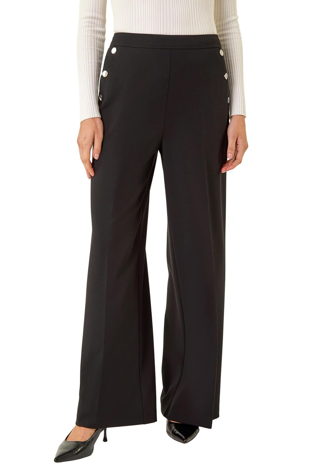 Roman Originals Button Pocket Full Length Trousers for Women UK - Ladies Everyday Autumn Winter Comfy Soft Evening Vacation Work Party Night Out - Black - Size 20