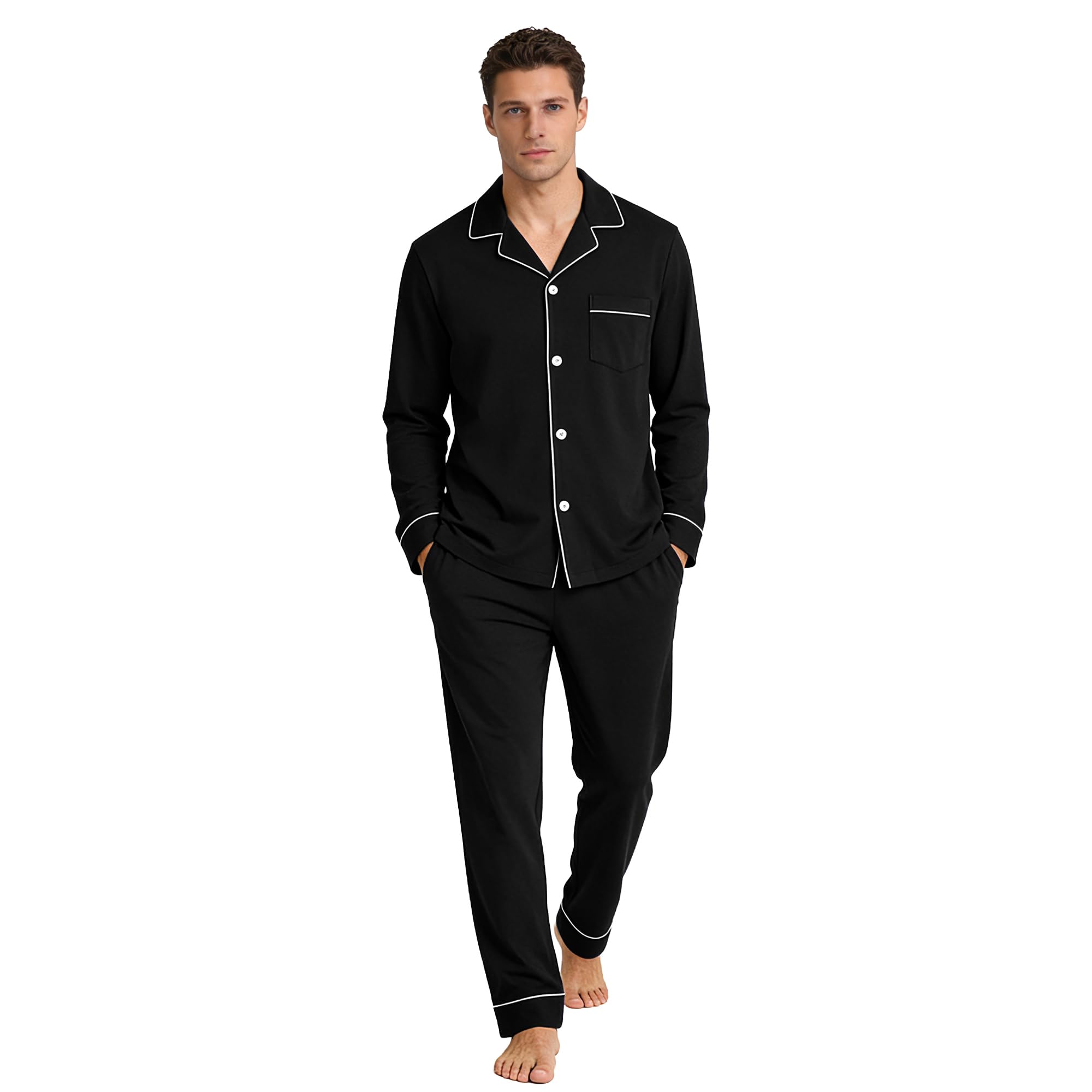 Mens Cotton Pajama Set, Soft Long Sleeve Pajamas for Men Lightweight Button Up Sleepwear Lounge Pjs Set with Pockets-image-34
