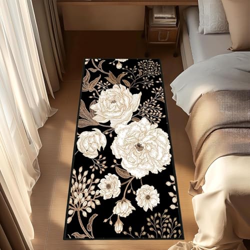 Image of Rugcomf Runner Rug for Hallways Kitchen Rug Non Slip 22 * 45 cm Washable Rugs with Rubber Backing Soft Floral Carpet Runner for Hallways, Kitchen, Laundry, Bedroom, Bathroom(Golden Black)