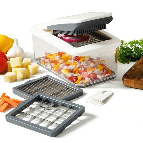 Image of Calphalon Aero Vegetable Chopper, 5-in-1 Food Chopper with Container, Manual Vegetable Dicer with Interchangeable Stainless Steel Blades for Slicing, Chopping & Meal Prep