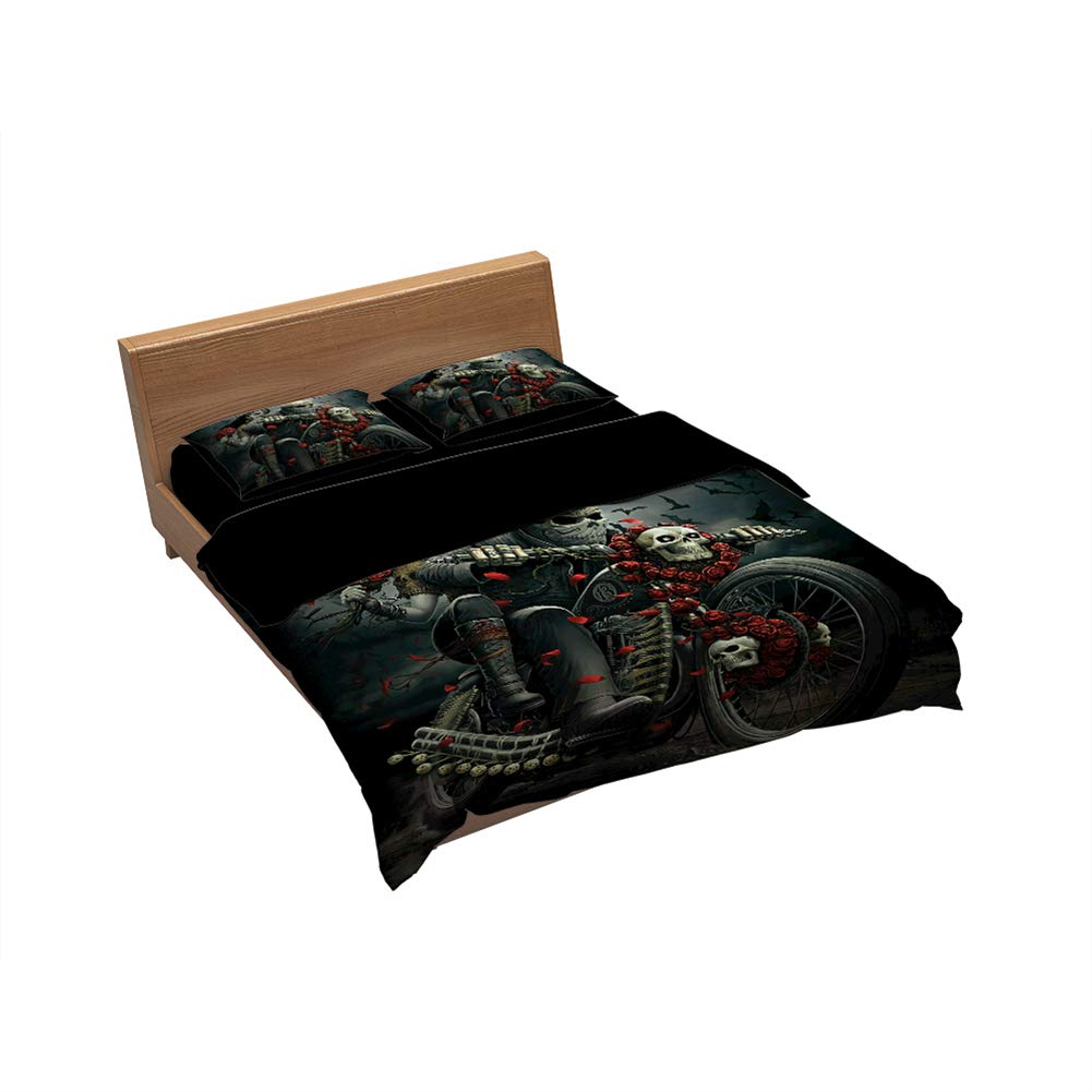Set Copripiumino Skull & Roses In Microfibra 135x200 Cm + 2 Federa - Tema Gothic Halloween, Ipoallergenico - 6