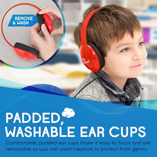 Image of Egghead Heavy-Duty Kids' Headphones with Padded Ear Cups and 6' Cord, Adjustable Tangle-Free Plastic Classroom Headphones for Kids, Pack of 10, Red