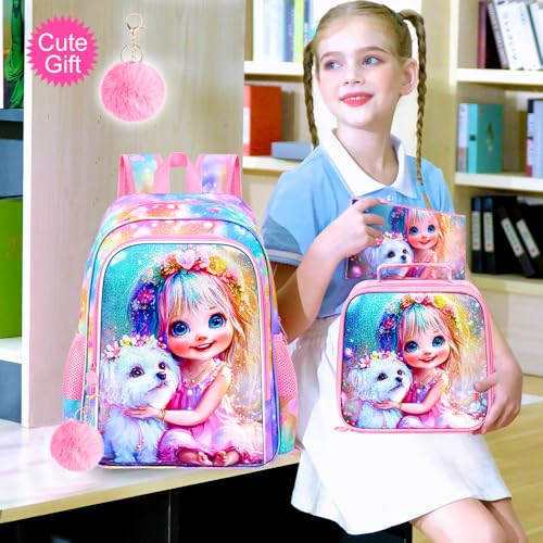 Image of 3Pcs Dog Backpack for Girls, 16 inch Kids Bookbag with Lunch Box，School Backpacks for Elementary Preschool Kindergarten (Pink)