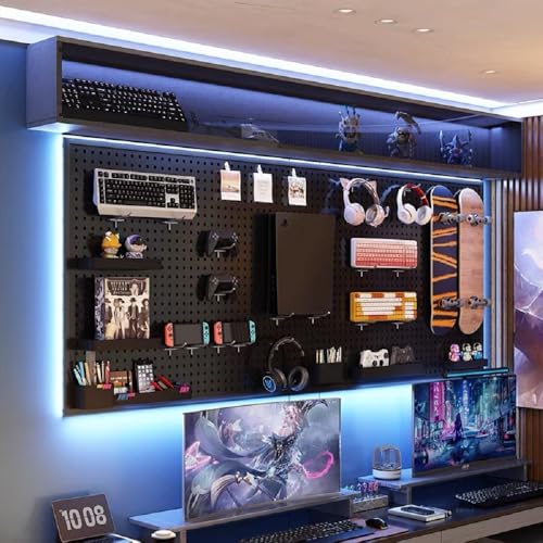 Image of Peg Board with RGBIC LED Strip Lights,2PCS Metal Pegboard Panels,Heavy Duty Pegboard Gaming Room Wall Organizer with Hooks,DIY RGB Gaming Setup Organizer Peg Board Wall Mounted 12 * 24 inch