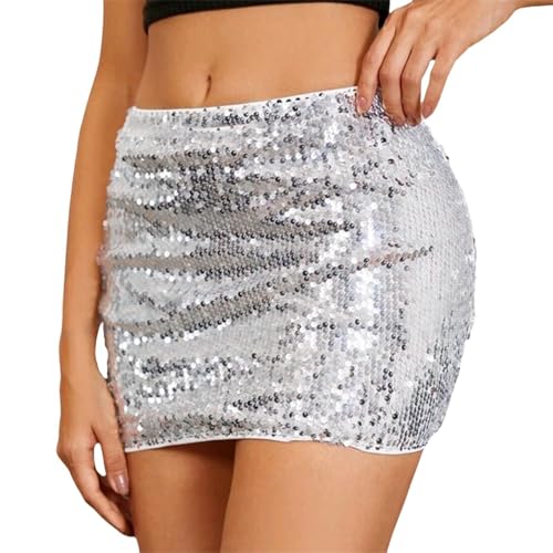 MOKBAY Saia de lantejoulas brilho saias disfarce carnaval mulher elegantes disfarces carnaval, 152-prata, XL