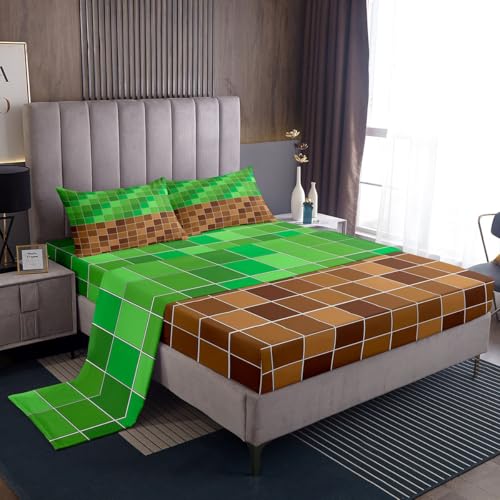 Image of Erosebridal Gaming Plaid Bed Sheets King Geometric Checkered Gamer Sheet Set Checkerboard Games Bedding Set for Kids Boys Girls,Brown Green Grids Fitted Flat Sheets 4 Piece