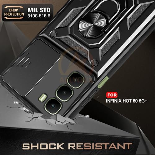 Image of Armor Bumper Back Cover Case for Infinix Hot 60 5G Rotating Camera Cover, Ring Holder & Kickstand | Heavy Duty & 360 Degree Protection Infinix Hot 60 5G Back Cover (Black)