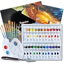 Lidl Maletin Pinturas Topsics 37 IN 1 Kit de Pintura Acrílica 24 x 12 ml, con Pincel, Paleta de Mezcla, Lienzo y Raspador, Perfecto Para Lienzo, Madera, Tela