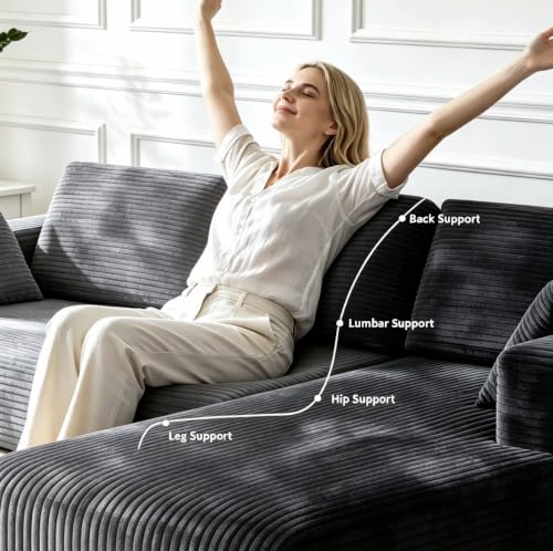Image of 93 inch L-Shaped Modular Sectional Sofa with Chaise, Boneless Corduroy Cloud Couch with Deep Seat and Oversized Comfort, Flexible Module Combination for Living Room, No Assembly Required