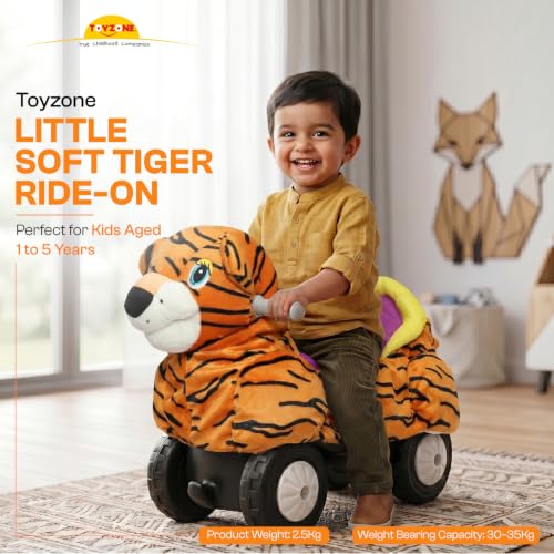 Image of Toyzone Little Soft Tiger Ride on | Cloth-Covered Ride On Toy with Wheels | Back Support | Indoor & Outdoor Ride-On for Toddlers 1-4 Years