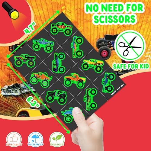 Image of 96 PCS Monster Truck Pre-Cut Luminous Glow in the dark Temporary Tattoos | Super Cute Themed Birthday Party Favors Supplies Decorations, Race Car Fake Tattoos for Kids Rewards & Gifts for Boys Girls