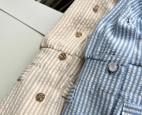 utcoco Women's 2025 Trendy Casual Striped Button Down Shirt Dress Elastic Waist Short Sleeve Midi Dress4